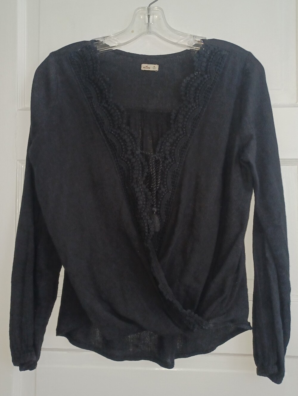 Hollister black faux wrap top XS lace detail tassel tie boho hippie festival